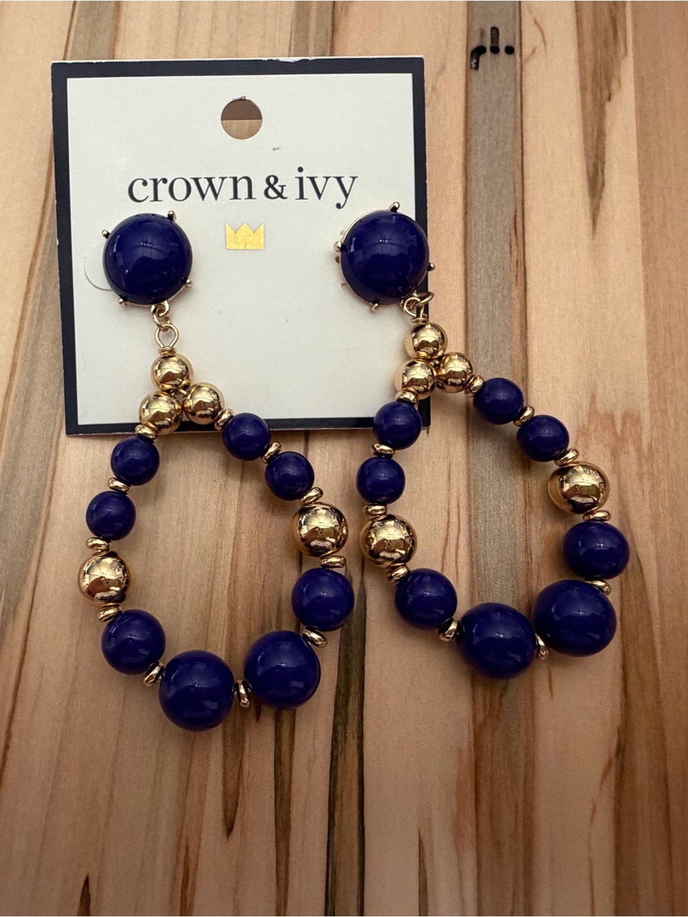 crown & ivy Navy and Gold Beaded Hoop Earrings